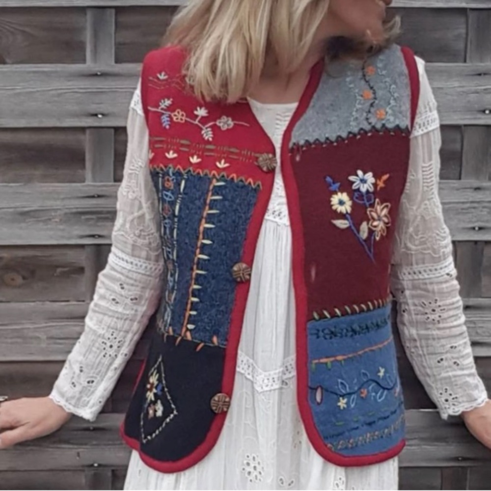Vintage Boho Hippie Floral Embroidered Festival Grandmacore Wool Patchwork Vest